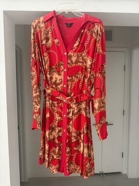 Guess by Marciano Red Chain-Print Belted Shirt Dress